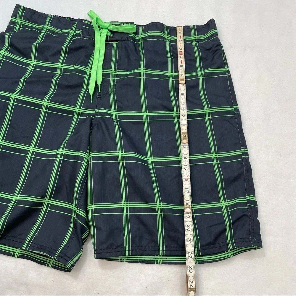 OP lined swim trunks black & green plaid side pocket flat front elastic back XL